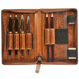 Maverick lederen pen etui bruin met rits 6-delig