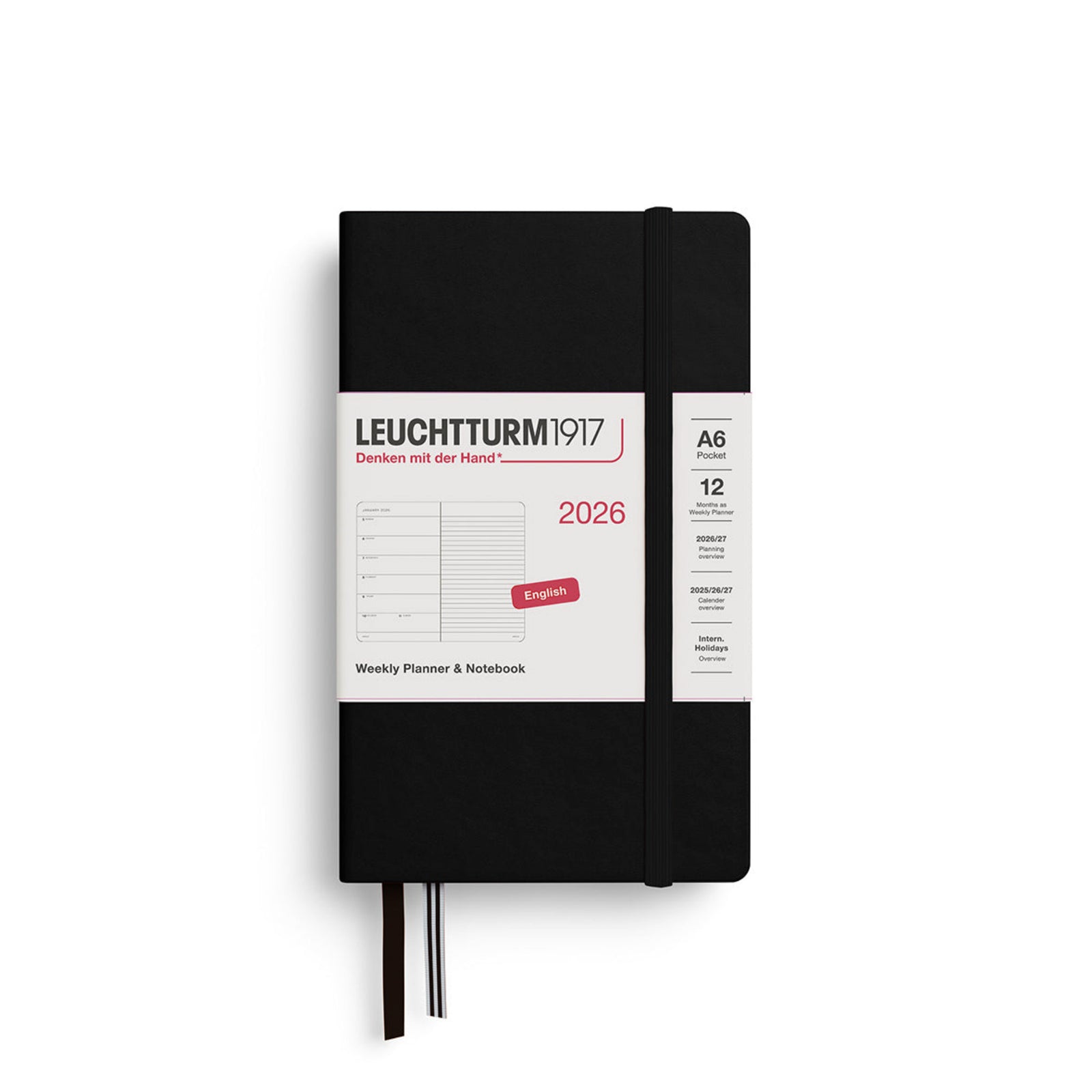LEUCHTTURM1917 Agenda Settimanale Pocket (A6) 2026 – Copertina Rigida Ink, Con Segnalibri E Tasca, Lingua Inglese